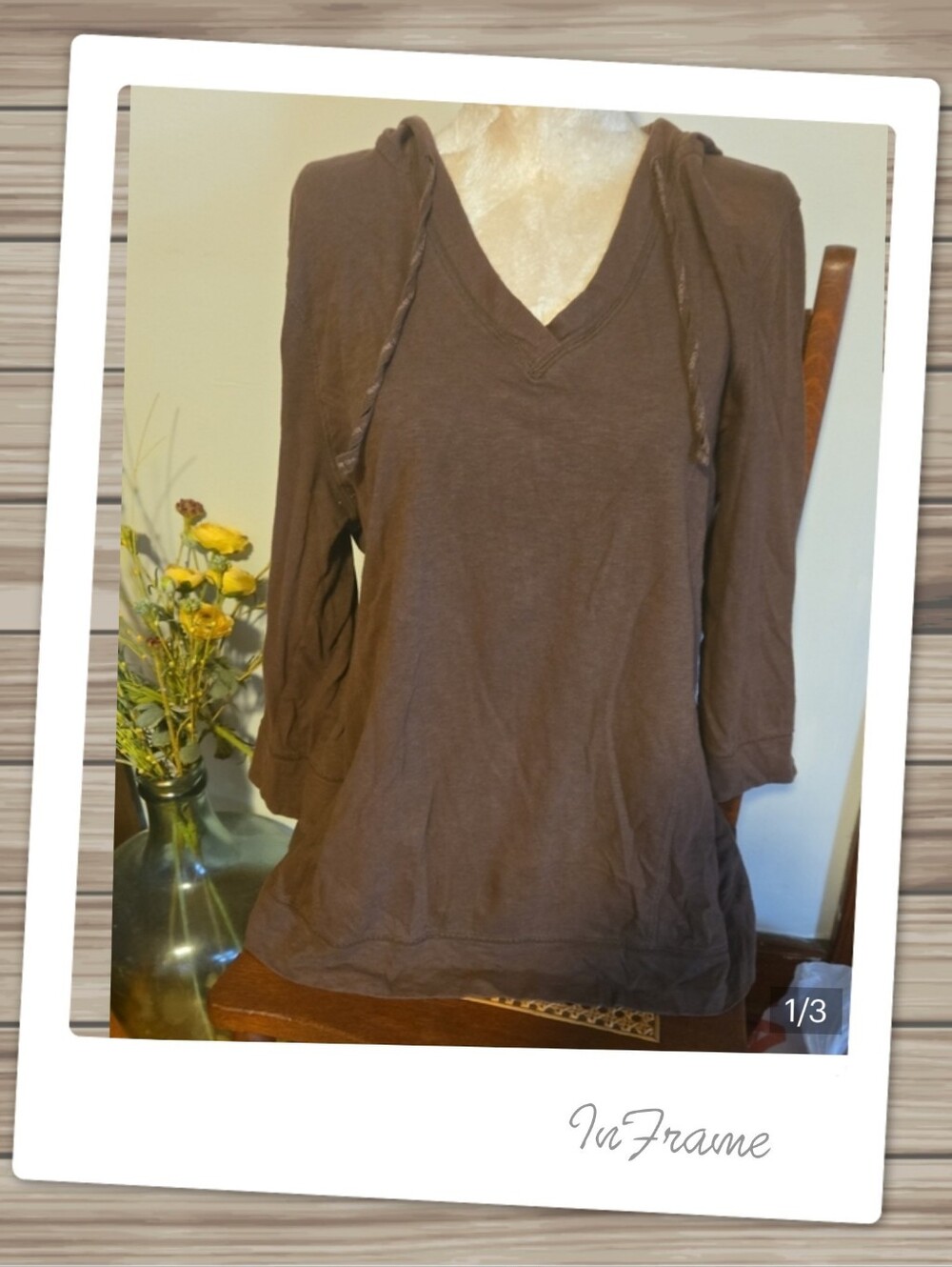 Women’s V-Neck Hooded Long Sleeve Top - Brown Size Xxl